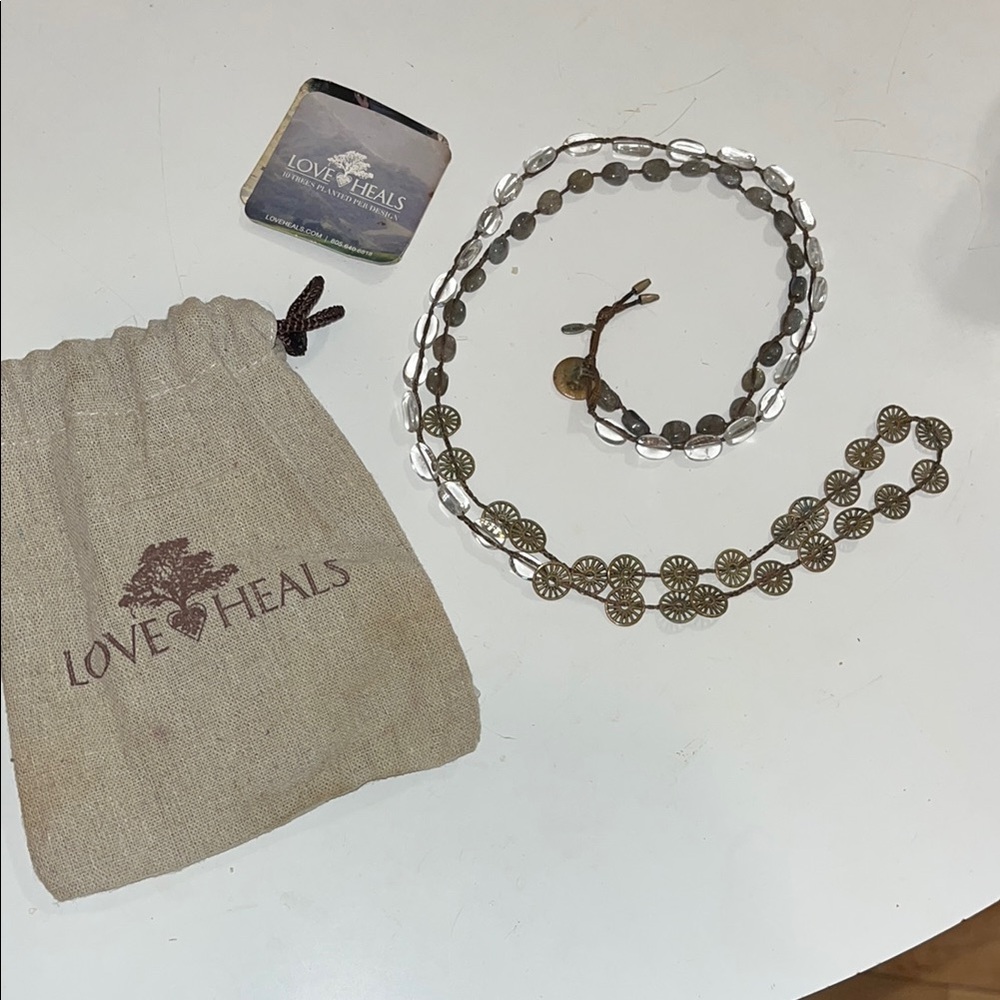 Love Heals Quartz crystal and Labradorite beads brass wheels beads 42” Necklace